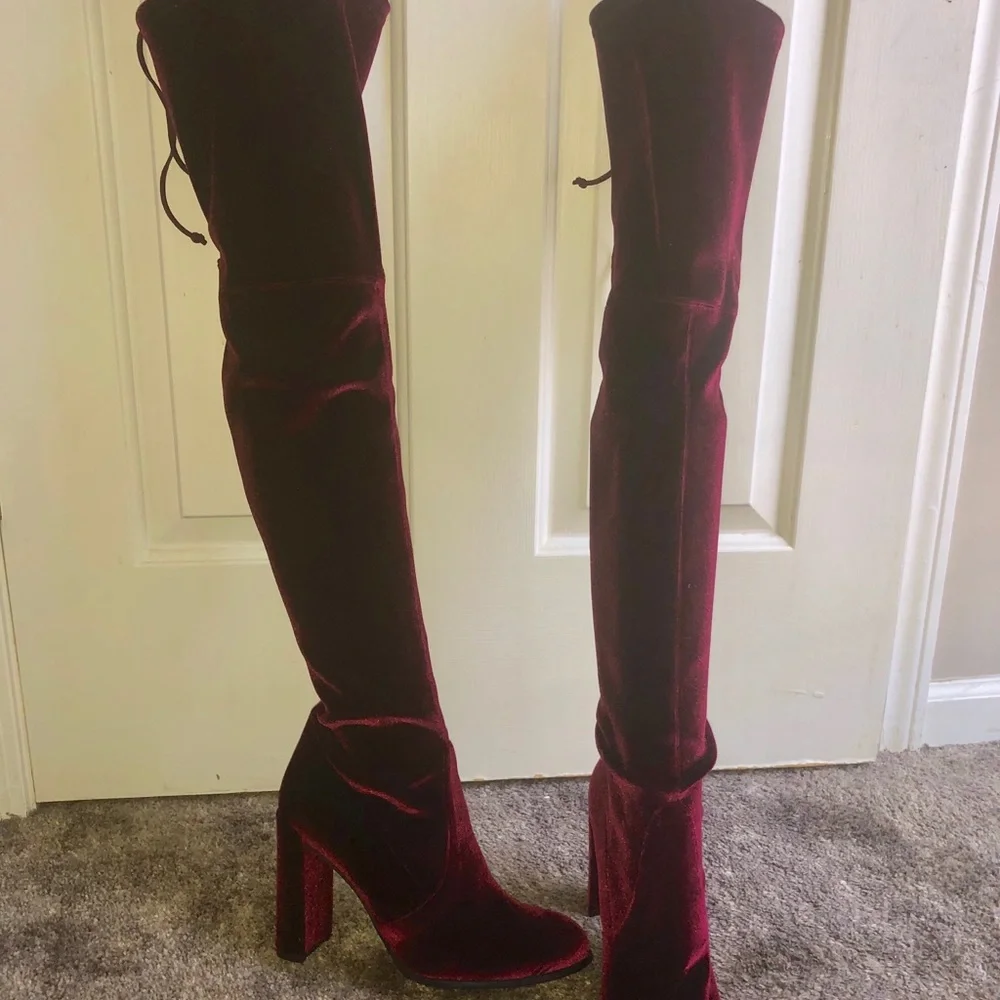 Stuart Weitzman Over-the-Knee Velvet Boots in Burgundy